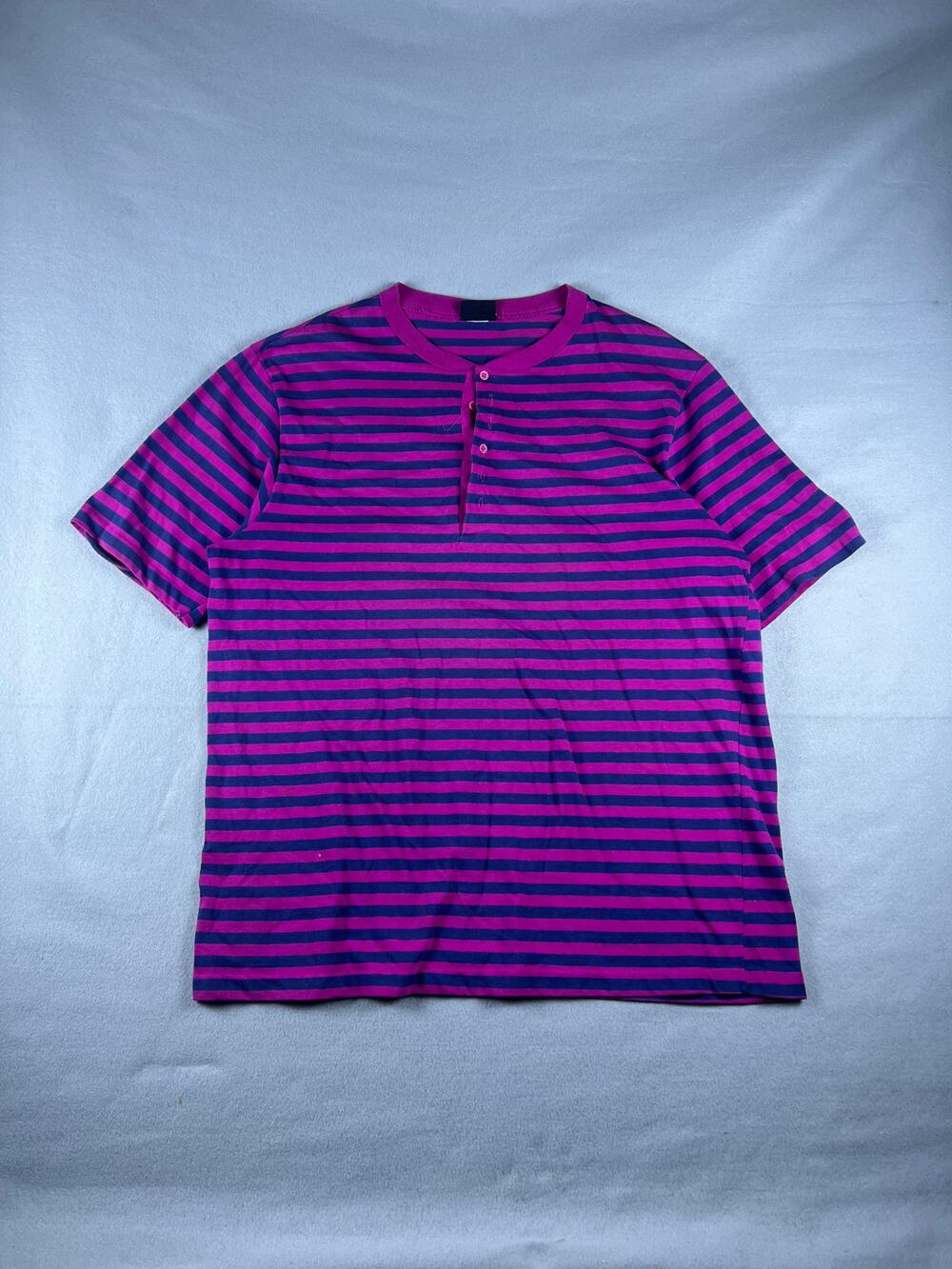 Vintage Todays News Henley Shirt Mens 1X Pink Blue Striped Short Sleeve Tee